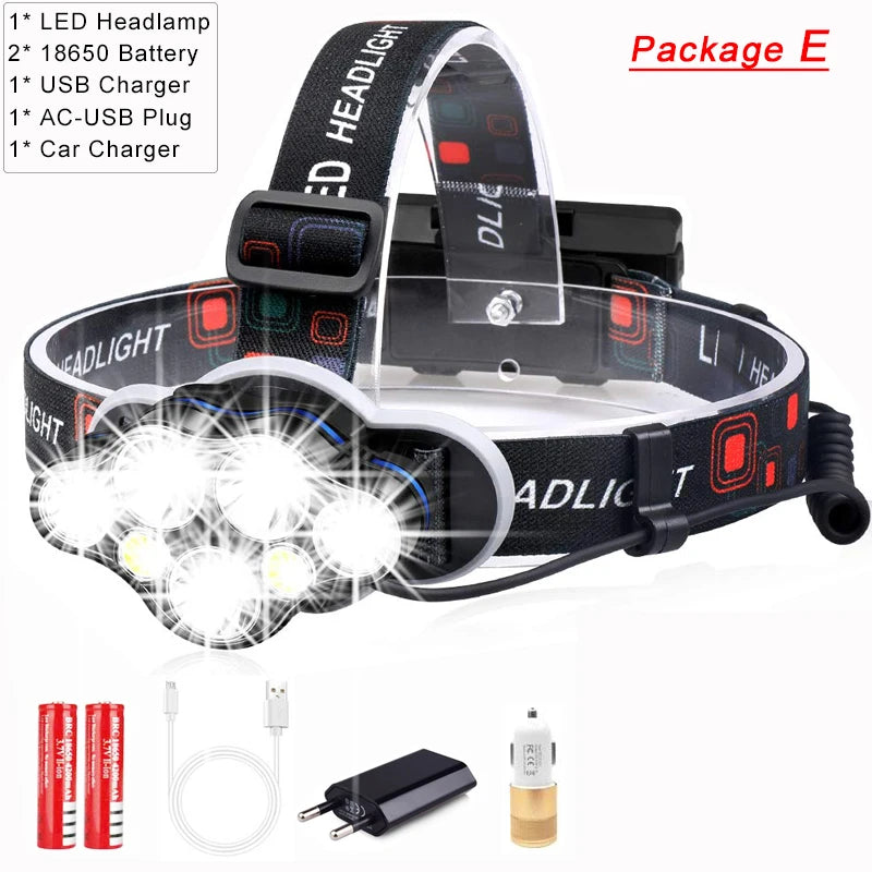 Most Powerful 7 LED Headlamp 18650 Rechargeable Headlight Waterproof Head Lamp Super Bright Head Flashlight