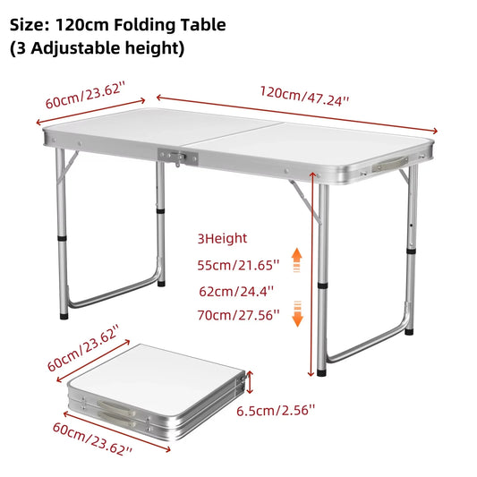 4ft Collapsible Height-Adjustable Aluminium Table for Camping Barbecue, with Handle Outdoor Garden Picnic Travel Weatherproof
