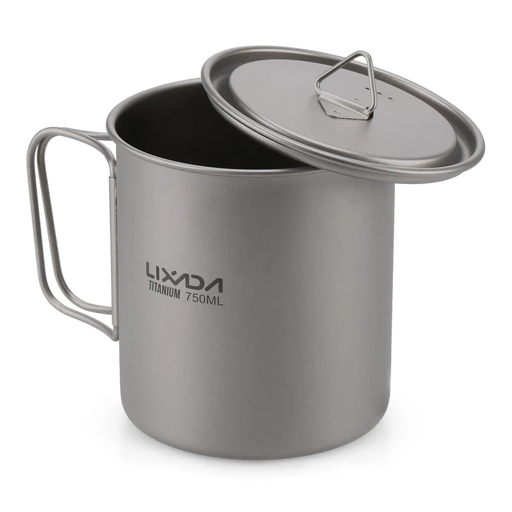 Lixada Water Cup Mug Titanium Water Cup Mug with Lid Handle Folding Spork for Outdoor Camping
