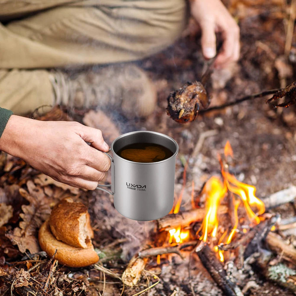 Lixada Water Cup Mug Titanium Water Cup Mug with Lid Handle Folding Spork for Outdoor Camping