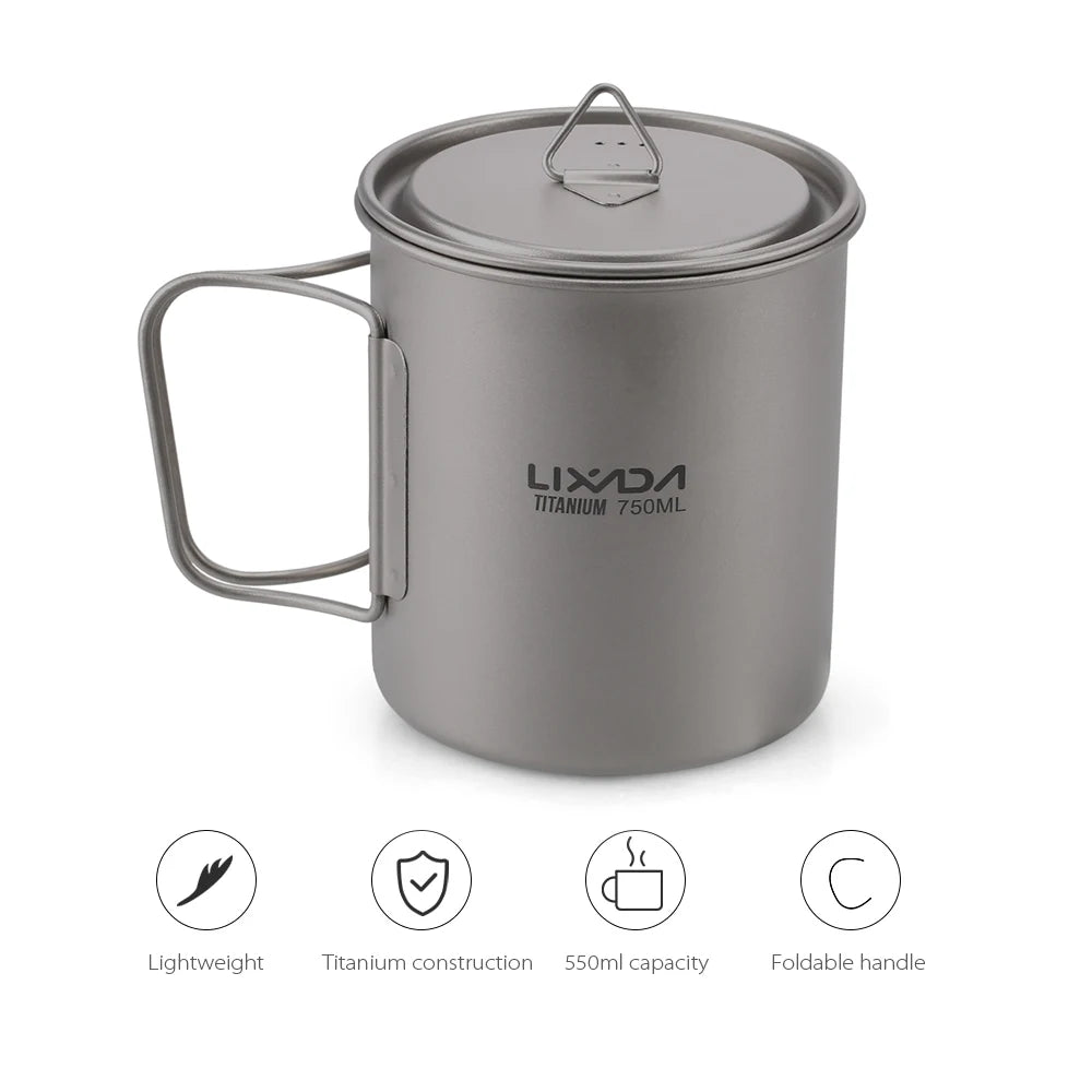 Lixada Water Cup Mug Titanium Water Cup Mug with Lid Handle Folding Spork for Outdoor Camping