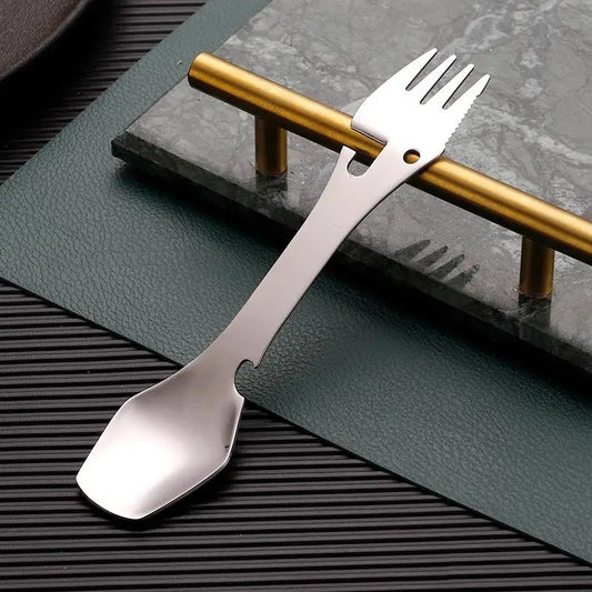 Portable Stainless Steel Multifunctional Spork – Combines Fork, Spoon, and Bottle Opener for Hiking, Picnics, and Outdoor Use