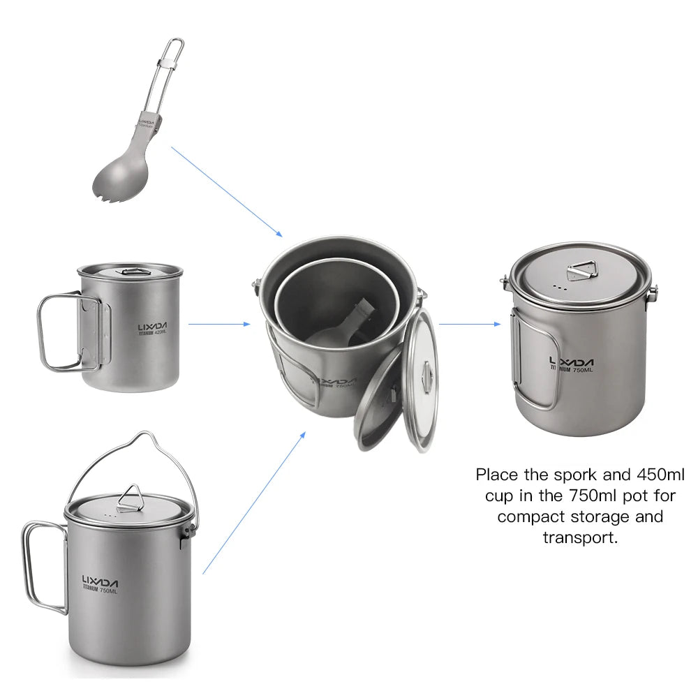 Lixada 900ml Titanium Cup Pot Ultralight Portable Cup Hanging Pot with Lid and Foldable Handle Outdoor Camping Backpacking
