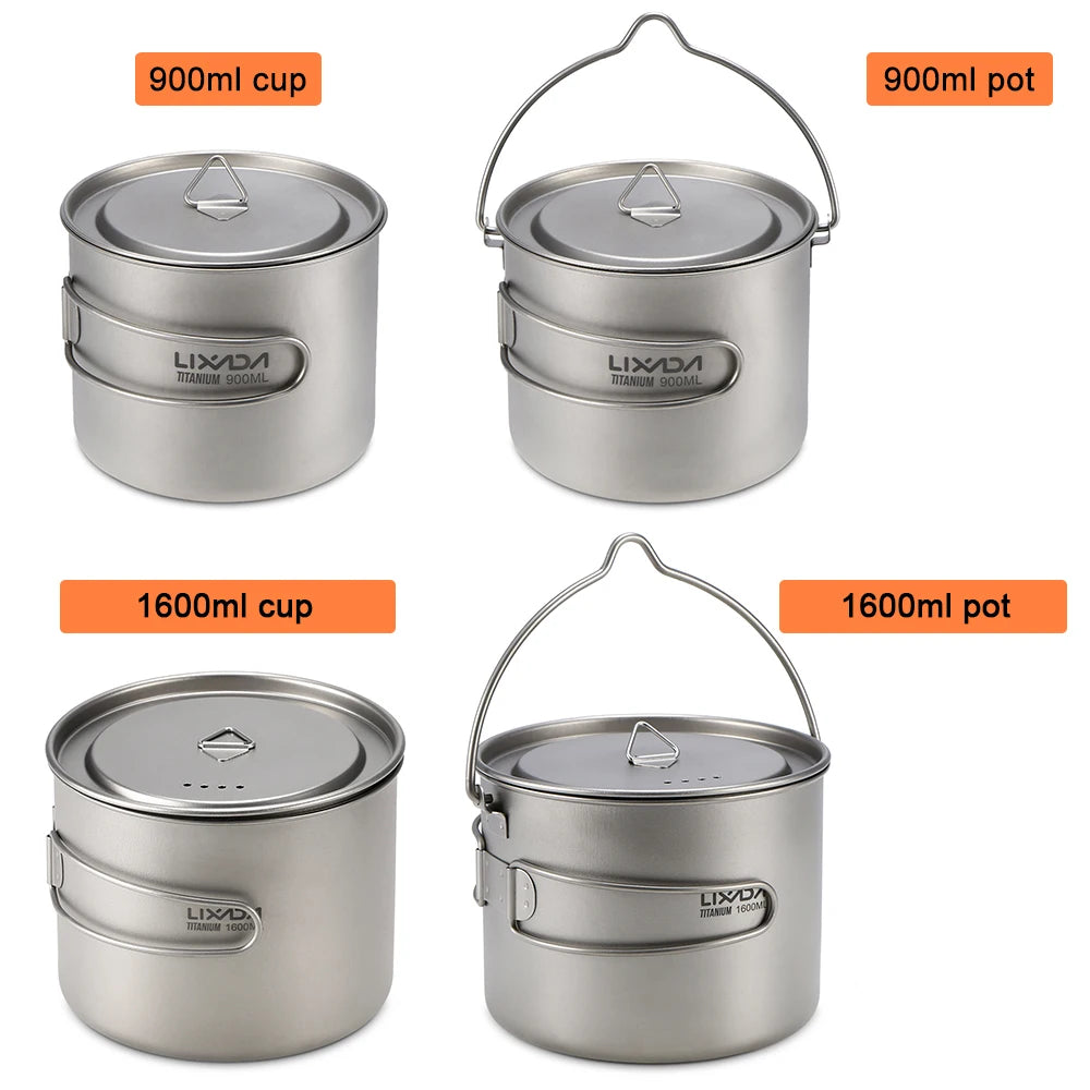 Lixada 900ml Titanium Cup Pot Ultralight Portable Cup Hanging Pot with Lid and Foldable Handle Outdoor Camping Backpacking