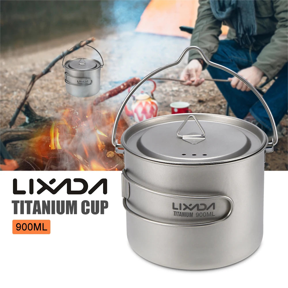 Lixada 900ml Titanium Cup Pot Ultralight Portable Cup Hanging Pot with Lid and Foldable Handle Outdoor Camping Backpacking