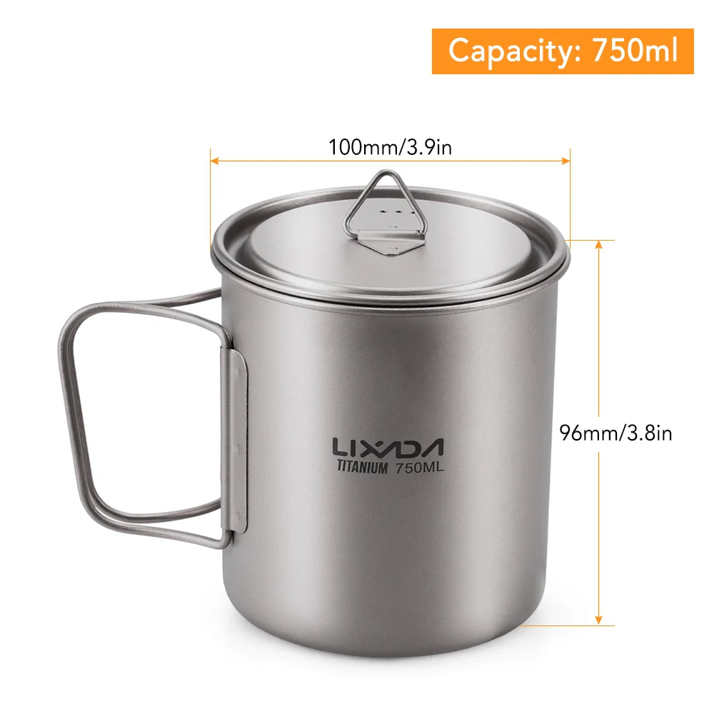 Lixada Water Cup Mug Titanium Water Cup Mug with Lid Handle Folding Spork for Outdoor Camping