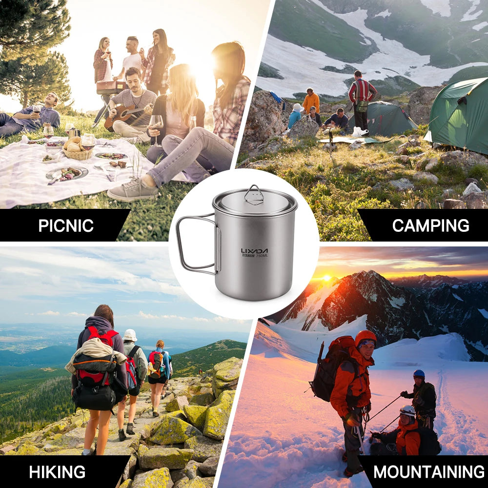 Lixada Water Cup Mug Titanium Water Cup Mug with Lid Handle Folding Spork for Outdoor Camping
