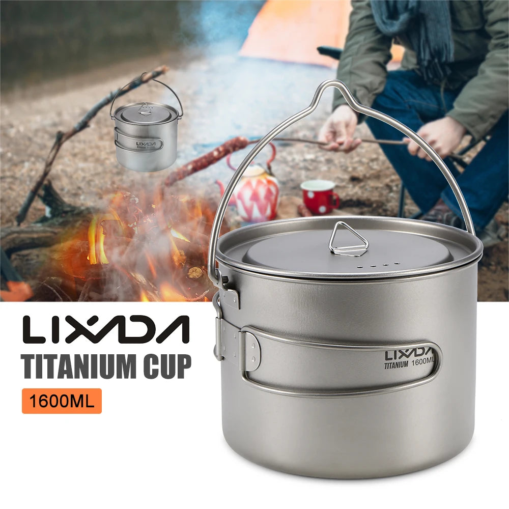 Lixada 900ml Titanium Cup Pot Ultralight Portable Cup Hanging Pot with Lid and Foldable Handle Outdoor Camping Backpacking
