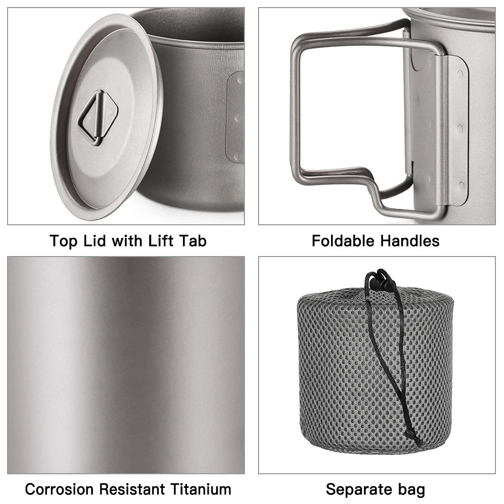 Lixada Water Cup Mug Titanium Water Cup Mug with Lid Handle Folding Spork for Outdoor Camping
