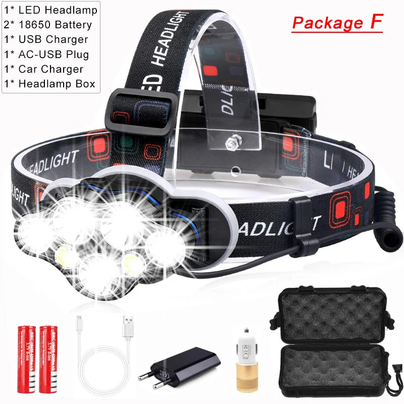 Most Powerful 7 LED Headlamp 18650 Rechargeable Headlight Waterproof Head Lamp Super Bright Head Flashlight