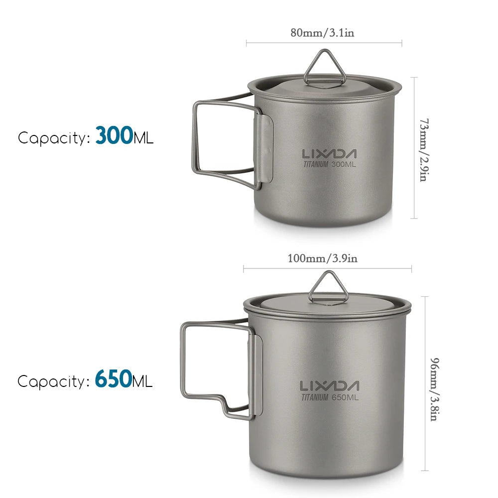 Lixada Water Cup Mug Titanium Water Cup Mug with Lid Handle Folding Spork for Outdoor Camping