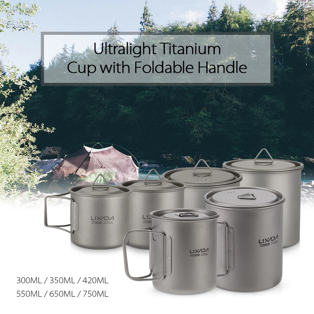 Lixada Water Cup Mug Titanium Water Cup Mug with Lid Handle Folding Spork for Outdoor Camping