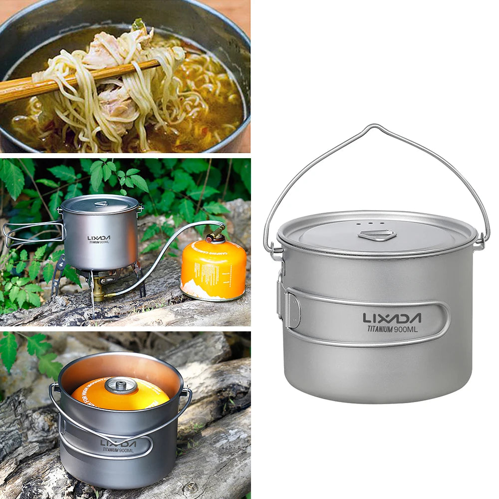 Lixada 900ml Titanium Cup Pot Ultralight Portable Cup Hanging Pot with Lid and Foldable Handle Outdoor Camping Backpacking