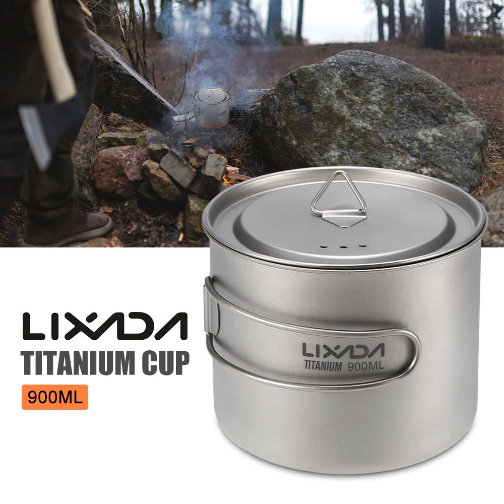 Lixada 900ml Titanium Cup Pot Ultralight Portable Cup Hanging Pot with Lid and Foldable Handle Outdoor Camping Backpacking