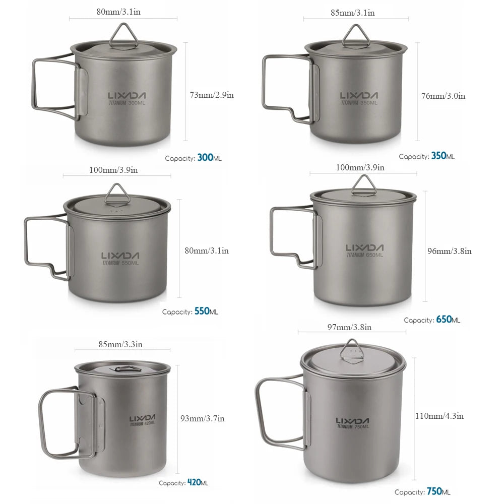 Lixada Water Cup Mug Titanium Water Cup Mug with Lid Handle Folding Spork for Outdoor Camping