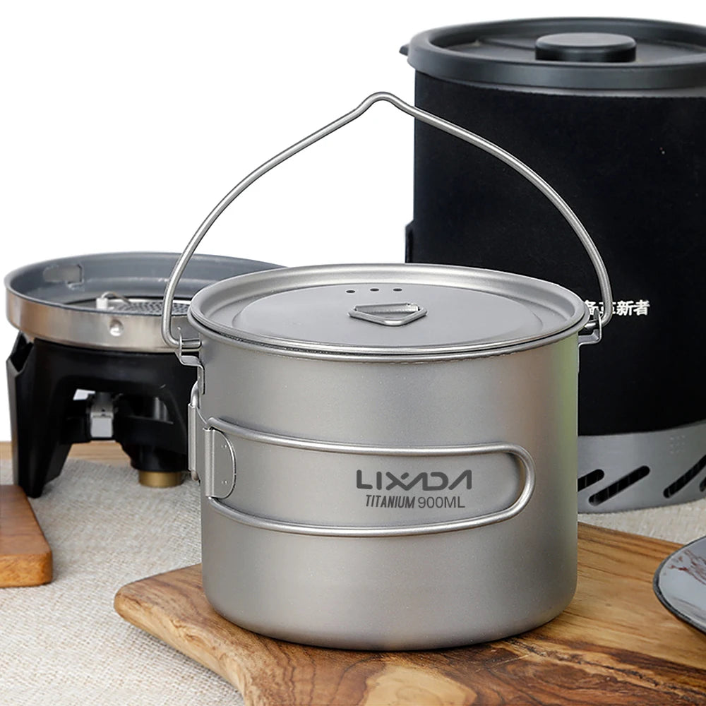 Lixada 900ml Titanium Cup Pot Ultralight Portable Cup Hanging Pot with Lid and Foldable Handle Outdoor Camping Backpacking