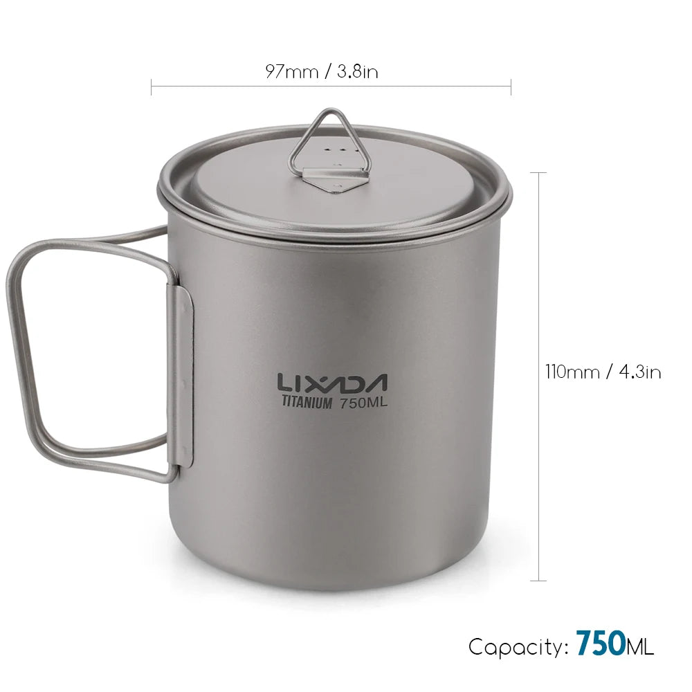 Lixada Water Cup Mug Titanium Water Cup Mug with Lid Handle Folding Spork for Outdoor Camping
