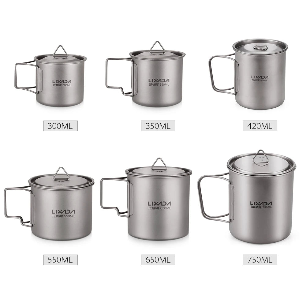 Lixada Water Cup Mug Titanium Water Cup Mug with Lid Handle Folding Spork for Outdoor Camping