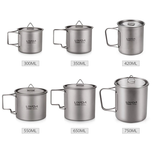 Lixada Water Cup Mug Titanium Water Cup Mug with Lid Handle Folding Spork for Outdoor Camping
