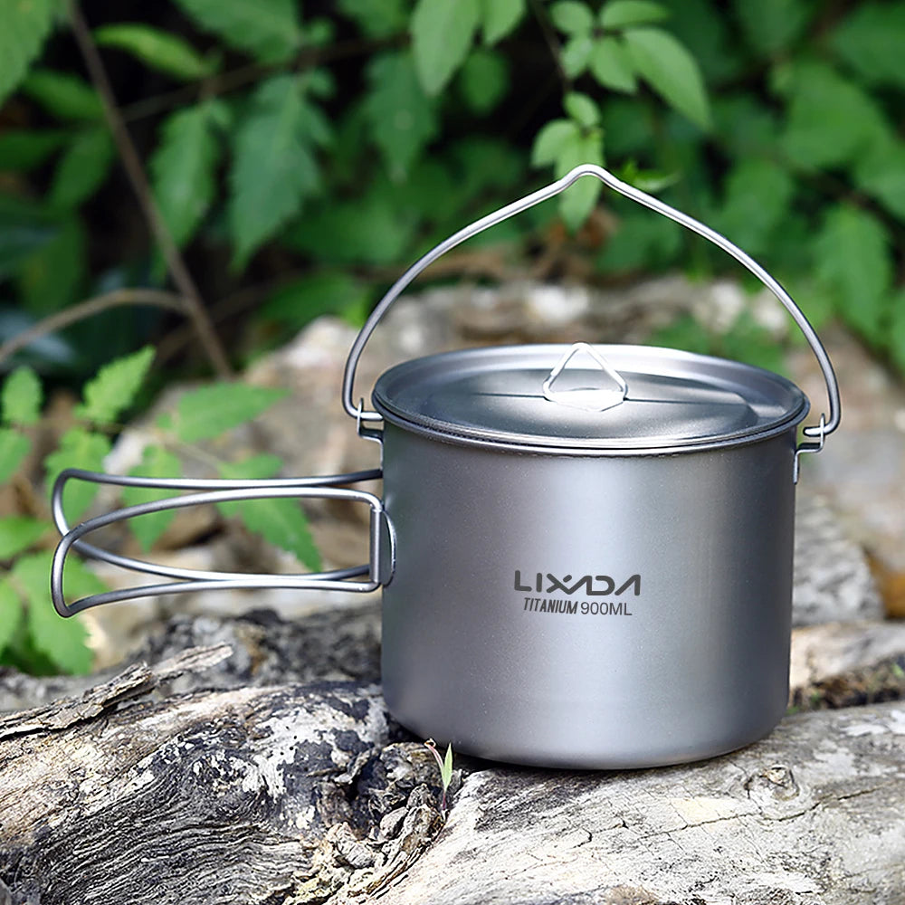Lixada 900ml Titanium Cup Pot Ultralight Portable Cup Hanging Pot with Lid and Foldable Handle Outdoor Camping Backpacking