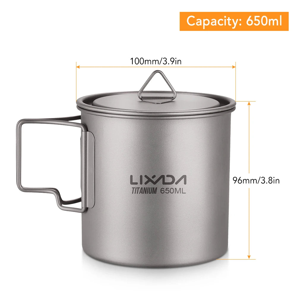 Lixada Water Cup Mug Titanium Water Cup Mug with Lid Handle Folding Spork for Outdoor Camping