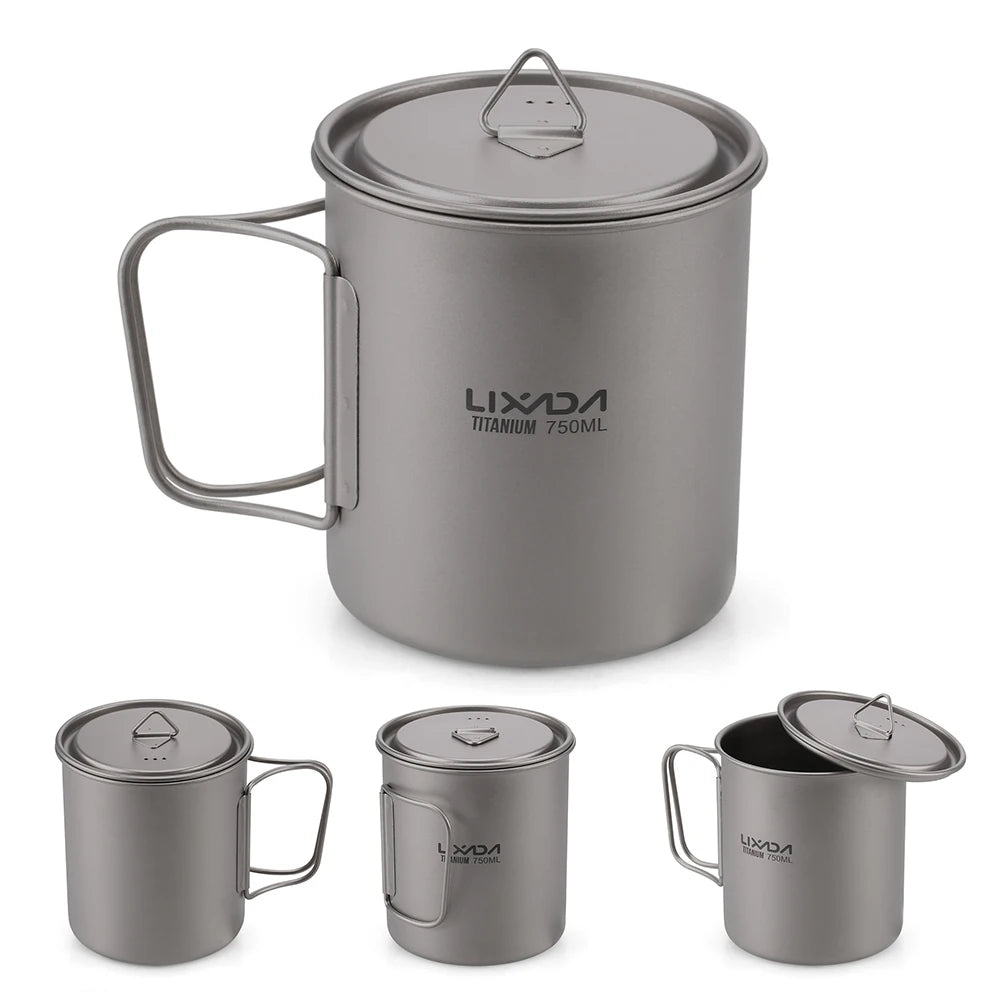 Lixada Water Cup Mug Titanium Water Cup Mug with Lid Handle Folding Spork for Outdoor Camping