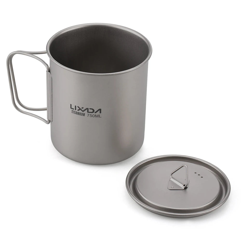 Lixada Water Cup Mug Titanium Water Cup Mug with Lid Handle Folding Spork for Outdoor Camping