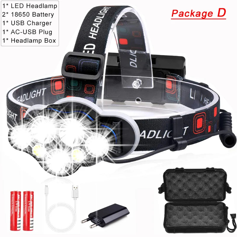 Most Powerful 7 LED Headlamp 18650 Rechargeable Headlight Waterproof Head Lamp Super Bright Head Flashlight