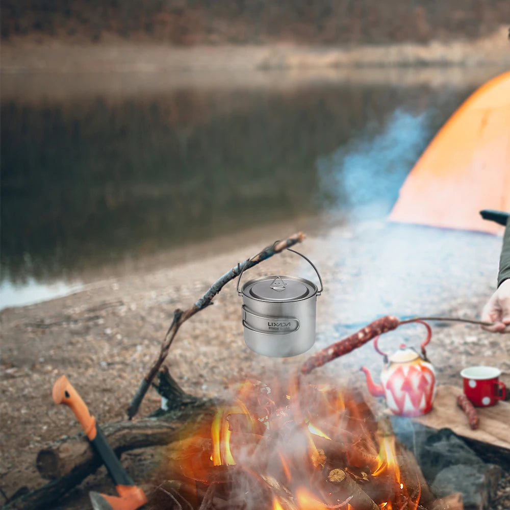 Lixada 900ml Titanium Cup Pot Ultralight Portable Cup Hanging Pot with Lid and Foldable Handle Outdoor Camping Backpacking