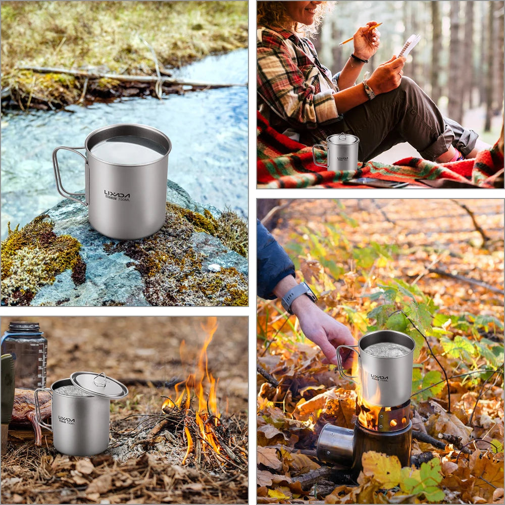 Lixada Water Cup Mug Titanium Water Cup Mug with Lid Handle Folding Spork for Outdoor Camping