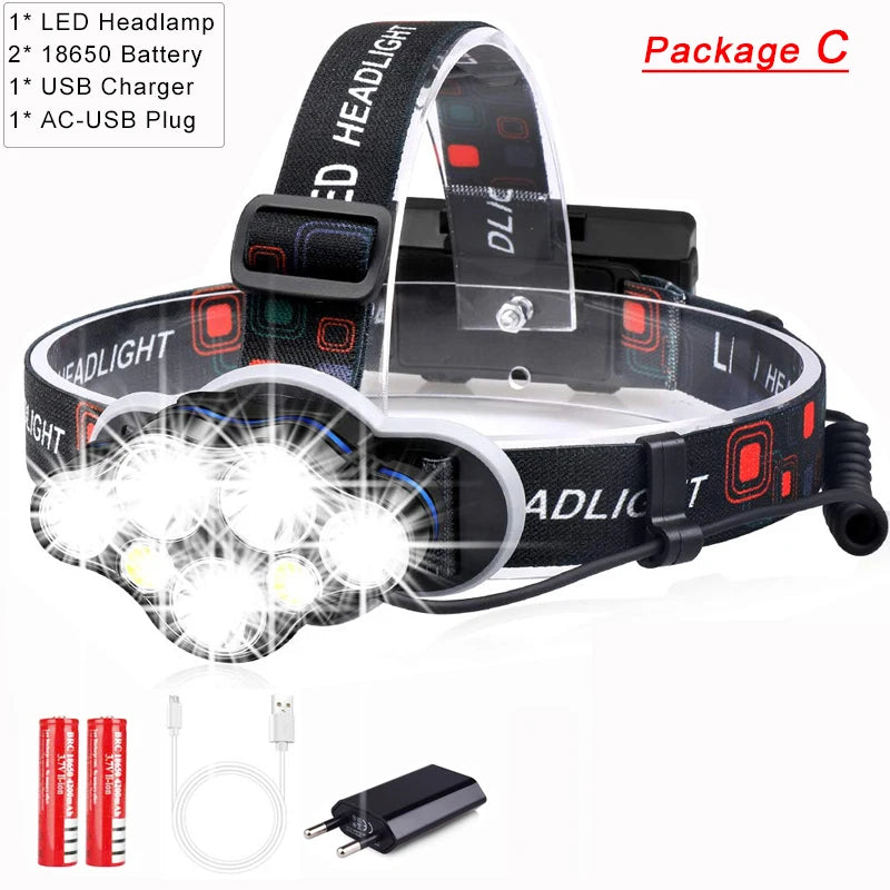 Most Powerful 7 LED Headlamp 18650 Rechargeable Headlight Waterproof Head Lamp Super Bright Head Flashlight
