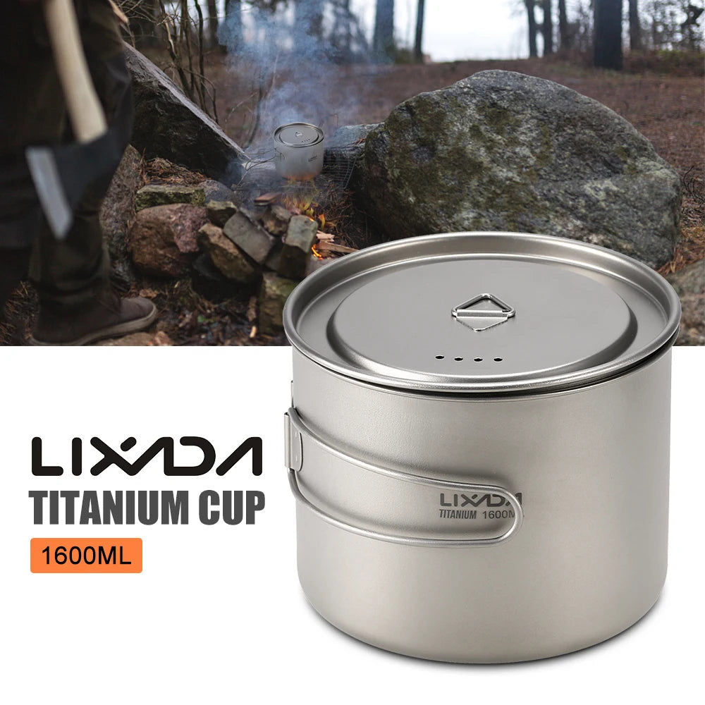 Lixada 900ml Titanium Cup Pot Ultralight Portable Cup Hanging Pot with Lid and Foldable Handle Outdoor Camping Backpacking