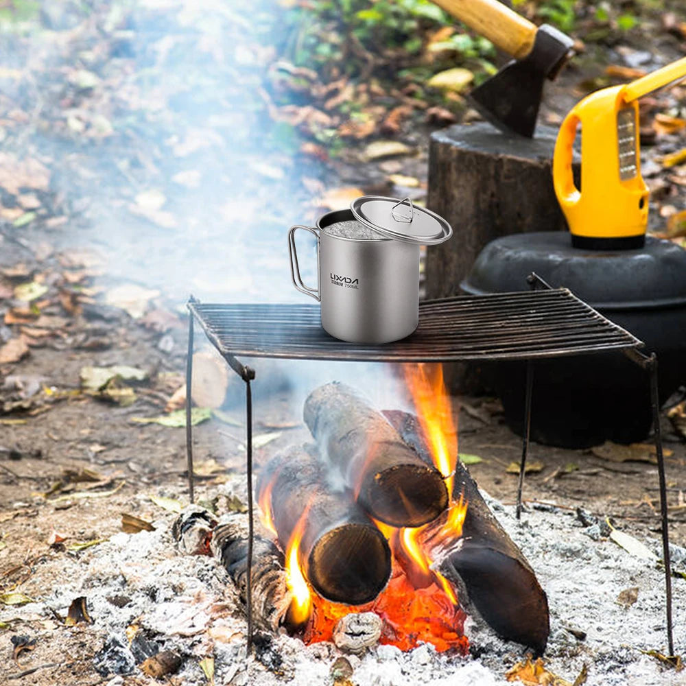 Lixada Water Cup Mug Titanium Water Cup Mug with Lid Handle Folding Spork for Outdoor Camping