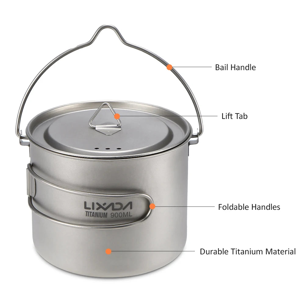 Lixada 900ml Titanium Cup Pot Ultralight Portable Cup Hanging Pot with Lid and Foldable Handle Outdoor Camping Backpacking