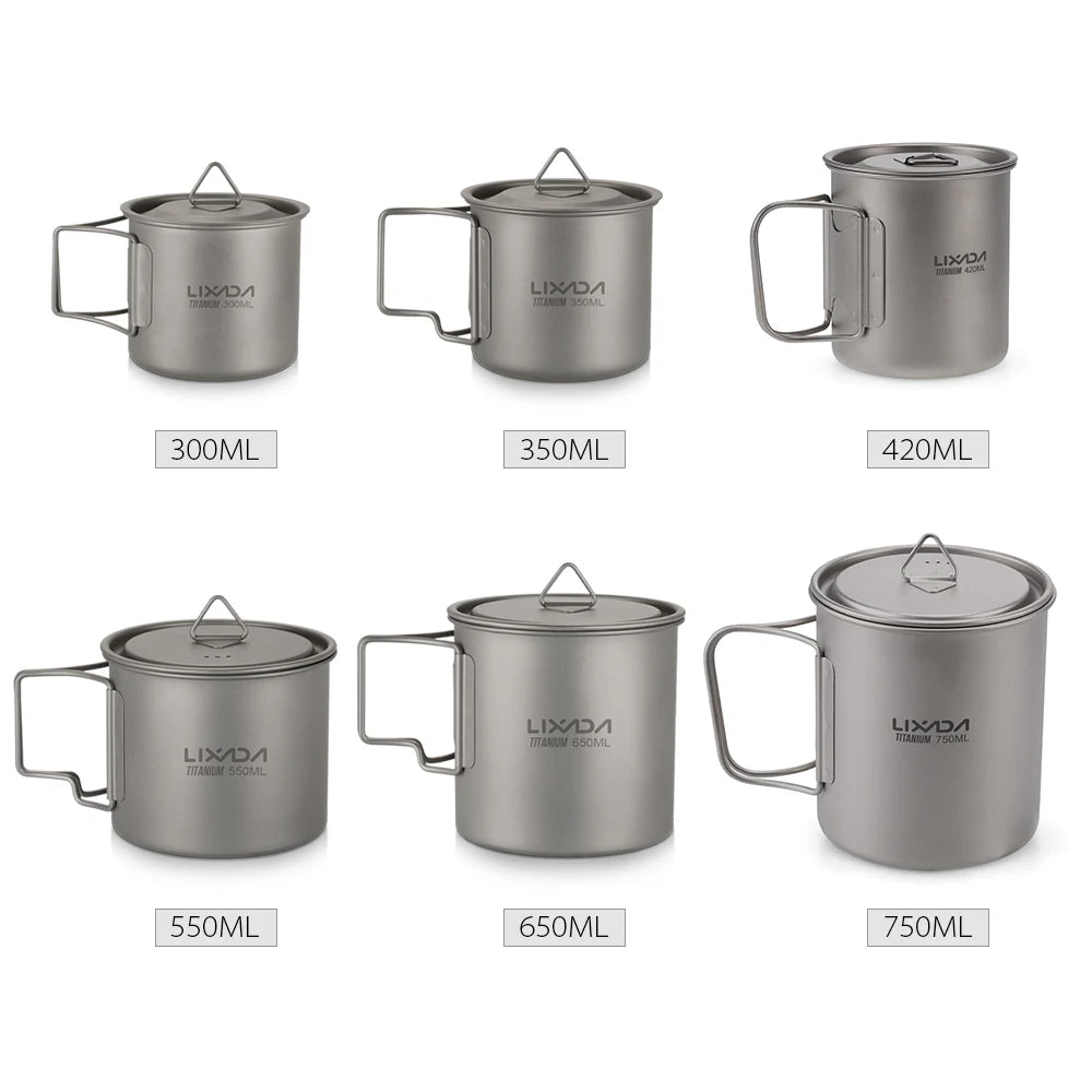 Lixada Water Cup Mug Titanium Water Cup Mug with Lid Handle Folding Spork for Outdoor Camping