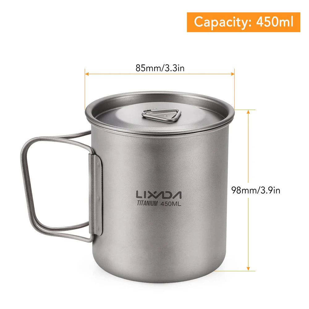 Lixada Water Cup Mug Titanium Water Cup Mug with Lid Handle Folding Spork for Outdoor Camping