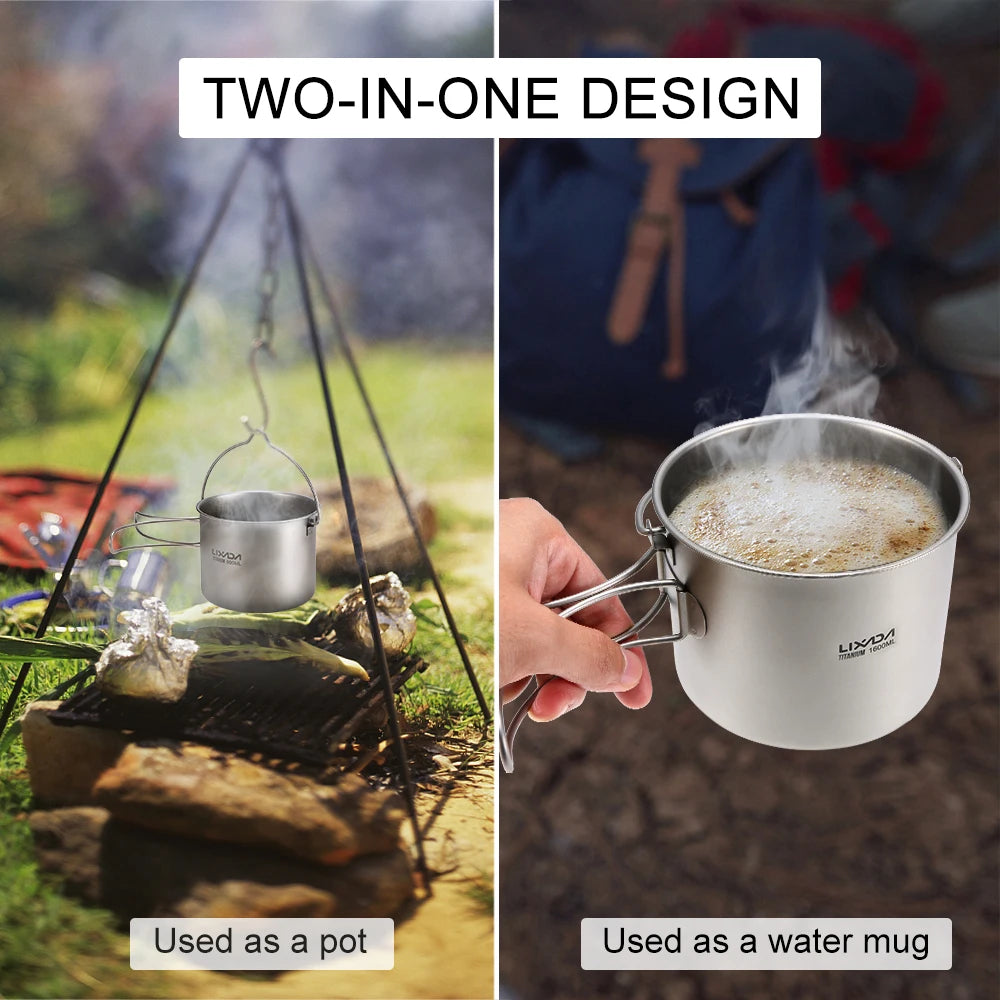 Lixada 900ml Titanium Cup Pot Ultralight Portable Cup Hanging Pot with Lid and Foldable Handle Outdoor Camping Backpacking