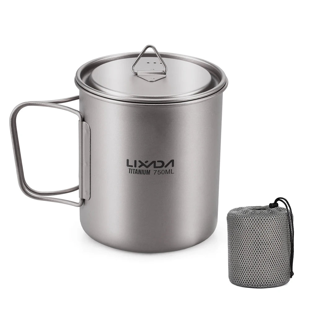 Lixada Water Cup Mug Titanium Water Cup Mug with Lid Handle Folding Spork for Outdoor Camping