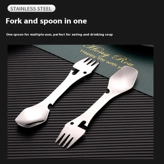Portable Stainless Steel Multifunctional Spork – Combines Fork, Spoon, and Bottle Opener for Hiking, Picnics, and Outdoor Use