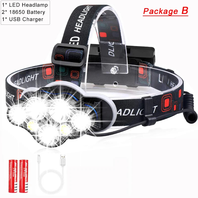 Most Powerful 7 LED Headlamp 18650 Rechargeable Headlight Waterproof Head Lamp Super Bright Head Flashlight